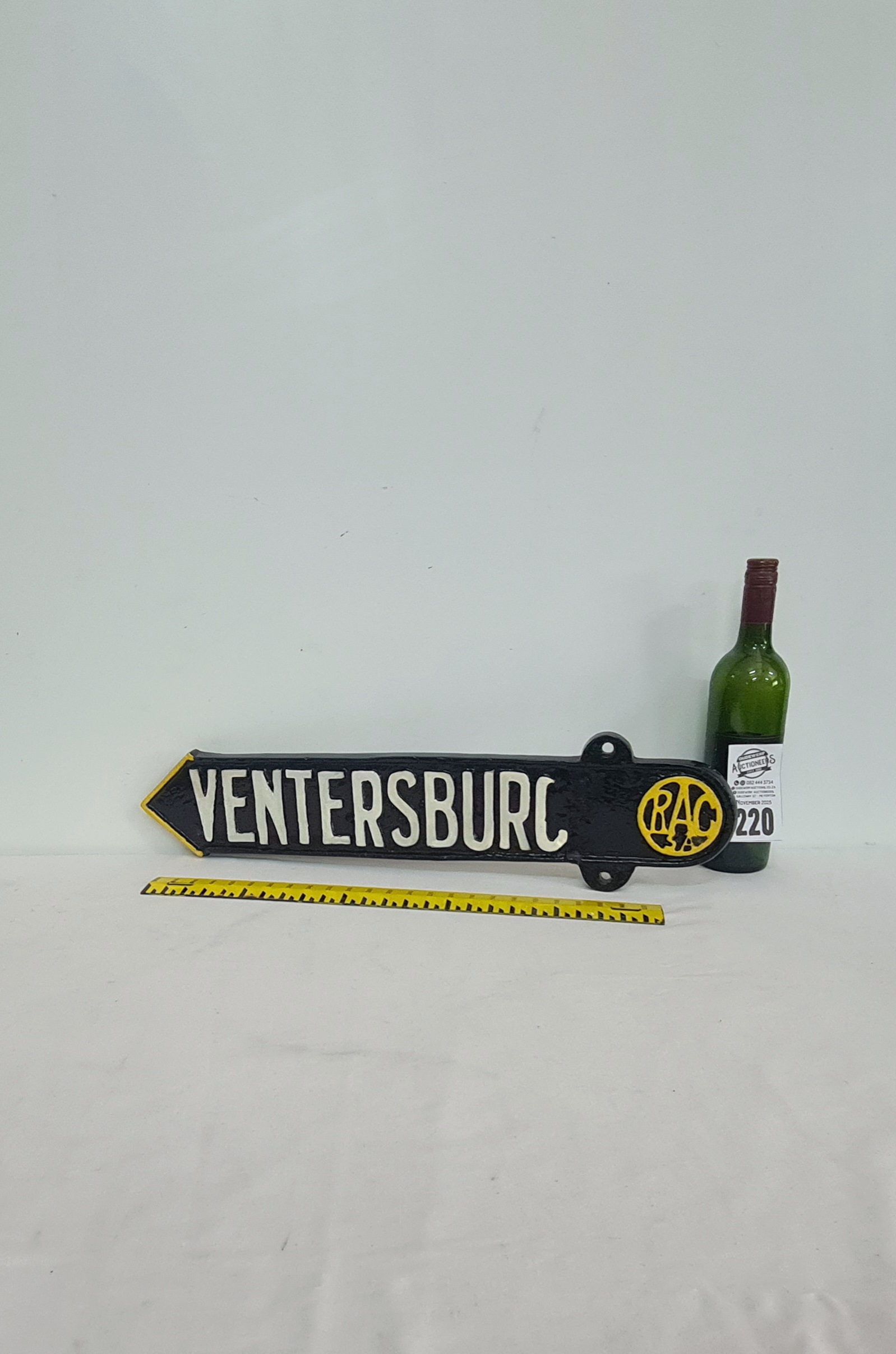 220.  RAC Ventersburg Cast Aluminium Road Sign-condition good, size 16 x 61 cm-Est.R1,000-R3,000